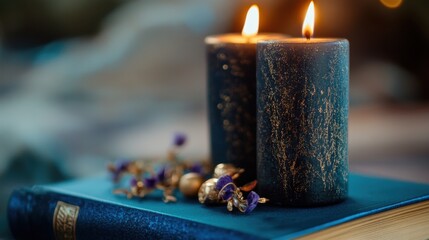 Poster - Black and gold candles atop a blue vintage book with elegant trinkets, studio-lit