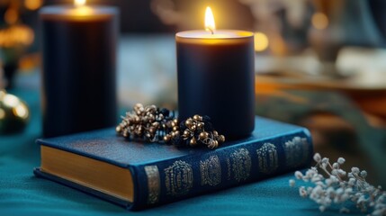 Poster - Black and gold candles atop a blue vintage book with elegant trinkets, studio-lit