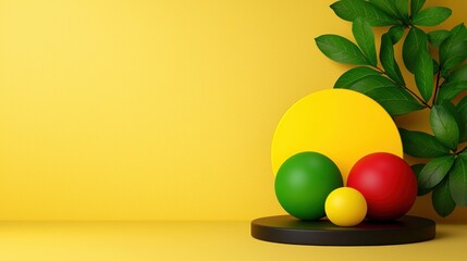 Poster - Colorful Spheres and Lush Green Leaves on Yellow Background