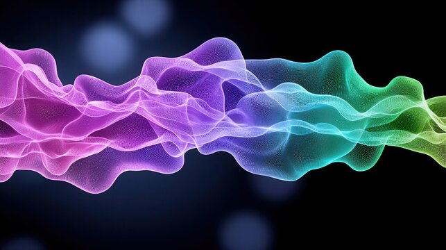 Abstract digital art of a vibrant, multicolored, flowing ribbon of particles on a dark background. The ribbon transitions through various hues, creating a dynamic and colorful visual effect.