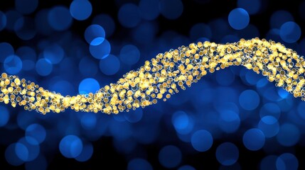 Fototapete - Abstract image of a golden wave of sparkling particles on a dark blue bokeh background. The gold particles create a flowing, wavy line against the out of focus blue circles.