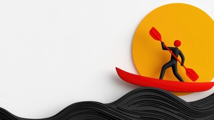 Poster - Abstract 3D illustration of a person kayaking on black pixelated waves towards a large yellow sun on a white background. Minimalist style.