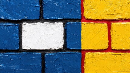 Poster - Abstract Geometric Brick Wall in Blue Yellow and White