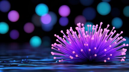 Poster - Abstract 3D render of a vibrant purple and pink plant like structure with glowing tips, sitting on a reflective dark blue surface against a bokeh background of teal, purple, and pink circles.
