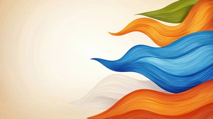 Fototapete - Abstract illustration of flowing fabric ribbons in orange, blue, green, and white. Light beige background. Digital art with a textured, pixelated effect. Suitable for various designs and backgrounds.