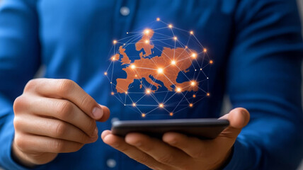 Poster - Person holding smartphone with digital map of Europe and network connections displayed
