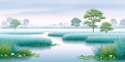 Poster - a gentle watercolor scene of a misty rice field during light monsoon drizzle with blues and greens