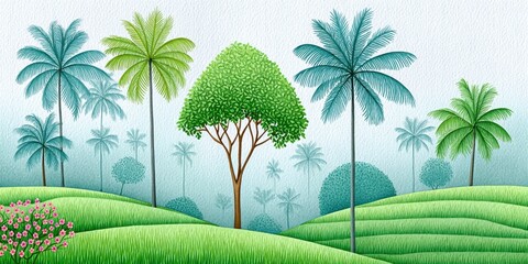 Poster - a gentle watercolor scene of a misty rice field during light monsoon drizzle with blues and greens
