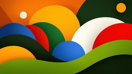 Poster - Abstract landscape illustration featuring vibrant, overlapping circles and wavy shapes in shades of green, blue, red, orange, and yellow against a dark background. The style is playful and modern.
