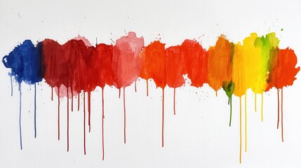 Poster - Abstract watercolor paint splatters in a vibrant rainbow spectrum on a textured white background. Drips of color cascade downwards, creating a dynamic and colorful composition.