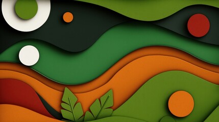 Poster - Abstract Layered Paper Art Green Orange Waves and Circles