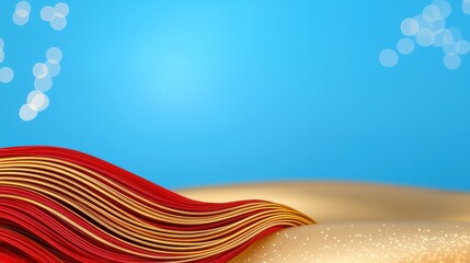 Poster - Abstract image of red and gold wavy lines on a blue and beige background. Glittering particles add a festive touch. Ideal for celebratory designs or digital backgrounds.