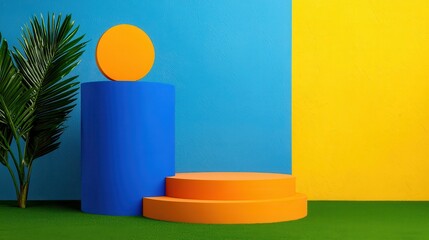 Poster - Vibrant Blue and Orange Product Display with Palm Leaf