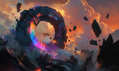 Poster - Glowing stone ring in fiery sky; fantasy landscape, game art