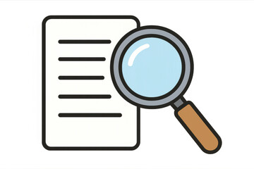 Poster - Cartoon magnifying glass inspecting document, symbolizing research, analysis, and information seeking on a transparent background