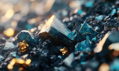 Poster - Teal and gold crystals on dark ground, close-up,  for science or fantasy backgrounds