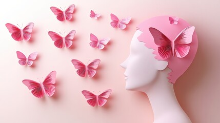 Poster - Pink paper butterflies fluttering around female mannequin head creating delicate dreamy design