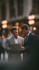 Poster - Two business professionals engaged in discussion on a busy city street using a laptop to collaborate on work matters