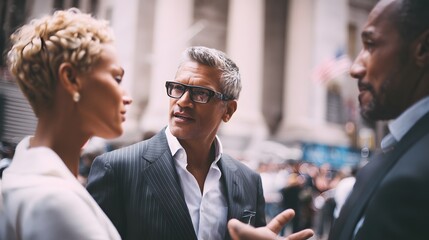 Poster - Two business professionals in formal attire discussing ideas and strategies in a high rise office setting overlooking the New York City skyline