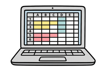 Poster - Laptop screen displaying spreadsheet with colored data cells, representing digital workplace analytics, collaborative workflow, and professional information management