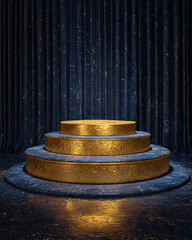 Poster - A tiered golden display platform against a dark blue curtain backdrop with subtle light reflections
