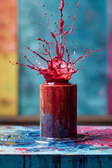 Poster - A vivid splash of red paint erupting from a cylindrical container on a colorful textured surface