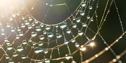 Dew-Covered Spider Web Glowing in Sunlight