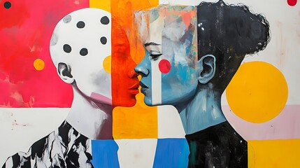 Aufkleber - Two lovers portrayed in abstract colorful geometric composition for expressive emotion and vibrant artistic concept.