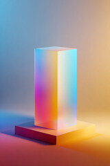Poster - Iridescent cube on a platform with soft gradient background in shades of blue pink and yellow hues