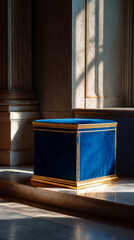 Poster - A blue velvet box with gold trim sitting on a marble floor in a room with columns and window shadows