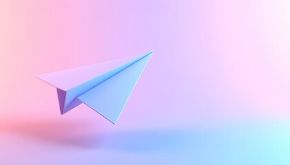Poster - A pixelated paper airplane against a gradient background blending pink and blue hues a symbol of travel concept. Digital art with soft lighting and vibrant colors.