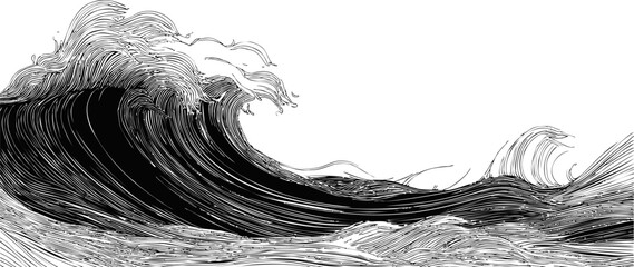 Aufkleber - Intricate black and white illustration of a large ocean wave in artistic style. Vector illustration