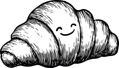 Poster - Smiling croissant with a cute face in black and white illustration. Vector illustration