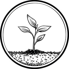 Poster - Detailed black ink sketch of a young plant sprouting in soil inside a circle. Vector illustration