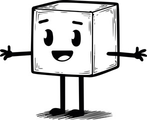 Poster - Happy cartoon cube character with arms and legs in black and white sketch style. Vector illustration