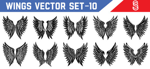 Dark Angel Tattoo Wings Vector Pack – Feathered Black Wing Clipart for Mythic Posters, Gothic Designs, and Fantasy Art.