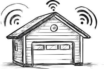 Poster - Smart home garage with wifi signals in a sketch style drawing. Vector illustration