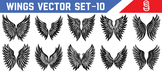 Dark Gothic Angel Wings Vector Set – Stylish Black Feather Designs for Tattoo Templates, Posters, and Fantasy-Themed Art Projects.