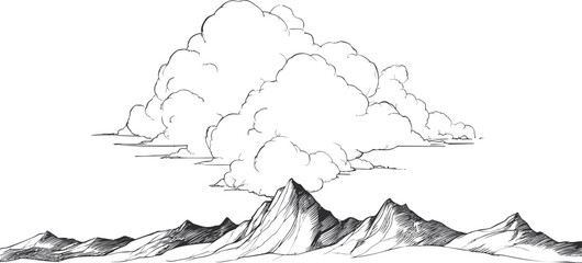Aufkleber - Black and white illustration of majestic mountains under a large billowy cloud. Vector illustration