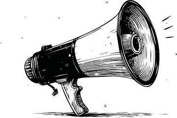 Poster - Vintage black and white megaphone illustration with bold outlines. Vector illustration