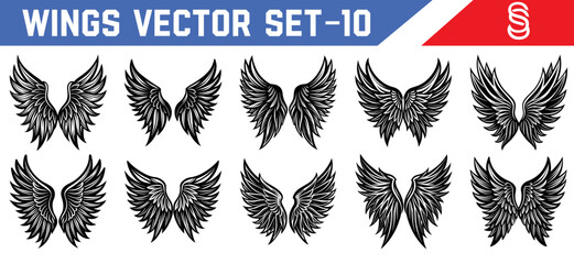 Fantasy Angel Wings Vector Set in Black – Gothic Feather Illustrations for Tattoo Templates, Poster Design, and Myth-Inspired Art Projects.