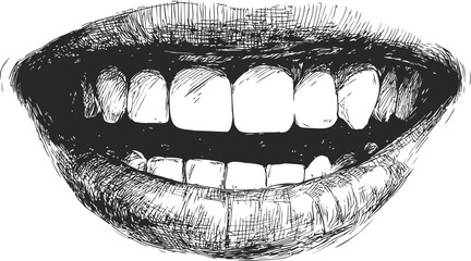 Poster - Detailed black and white sketch of smiling teeth and lips, artistic illustration. Vector illustration