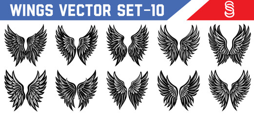 Black Angel Wings Art Set – Stylized Vector Feathers for Gothic, Tattoo, Mythical Design, and Fantasy-Based Digital Illustrations.