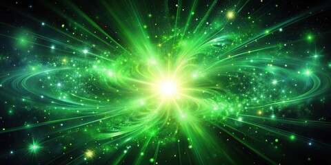 Wall Mural - Vibrant green explosion of starlight with swirling cosmic energy release amidst a dark background, radiating an ethereal glow