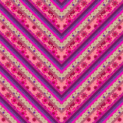 Wall Mural - Seamless patchwork pattern with zigzag stripes decorated with flowers and paisley in fuchsia and blue tones. Boho print for fabric.