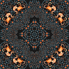 Wall Mural - Beautiful fairytale nature print with peacocks, berries, leaves and flowers on a black background for a square carpet, shawl in folk style.