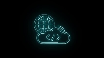 glowing neon cloud coding icon, isolated, black background, hd motion graphic animation