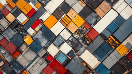 Aufkleber - Aerial view showcases vibrant interlocking rooftops with creating abstract patterns and urban color harmony concept.