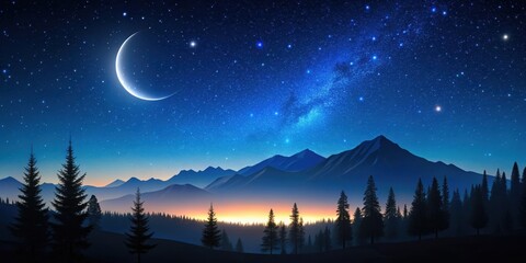 Wall Mural - A dark blue sky with vibrant stars and a crescent moon shining brightly above a silhouette of trees and mountains in the foreground, starry night sky, mountain range