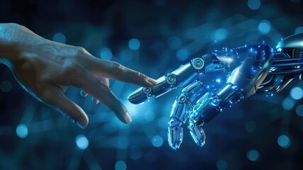 Poster - Science fiction picture of high tech robots for chat bot program, assistance technology about information with deep learning. Futuristic artificial innovative machine assist with intelligence. AIG53.